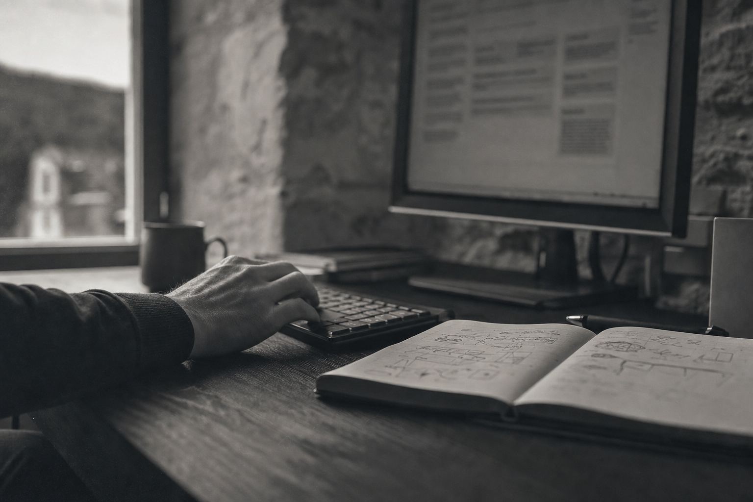 Main d'un consultant travaillant sur une stratégie web dans un carnet