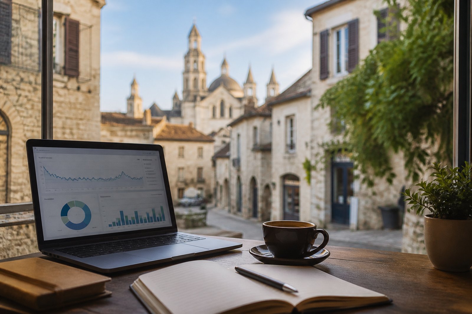Périgueux et stratégie SEO locale : ordinateur ouvert devant le centre historique