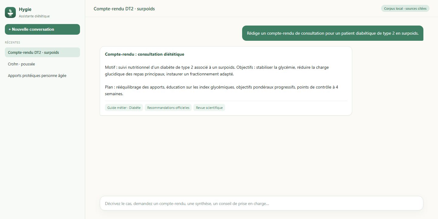 Interface d'Hygie, assistante IA diététique : compte-rendu de consultation sourcé